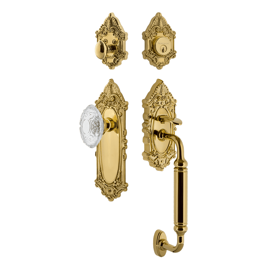 Nostalgic 756053: Entry Lockset w/Victorian Backplate, C-Grip Exterior Handle and Victorian Crystal Knob - Polished Brass