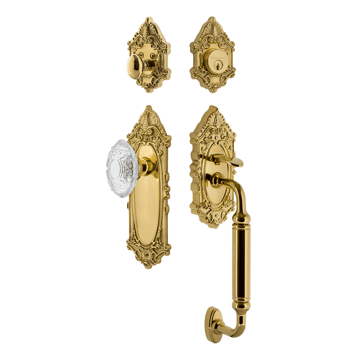 Nostalgic 756052: Entry Lockset w/Victorian Backplate, C-Grip Exterior Handle and Victorian Crystal Knob - Polished Brass