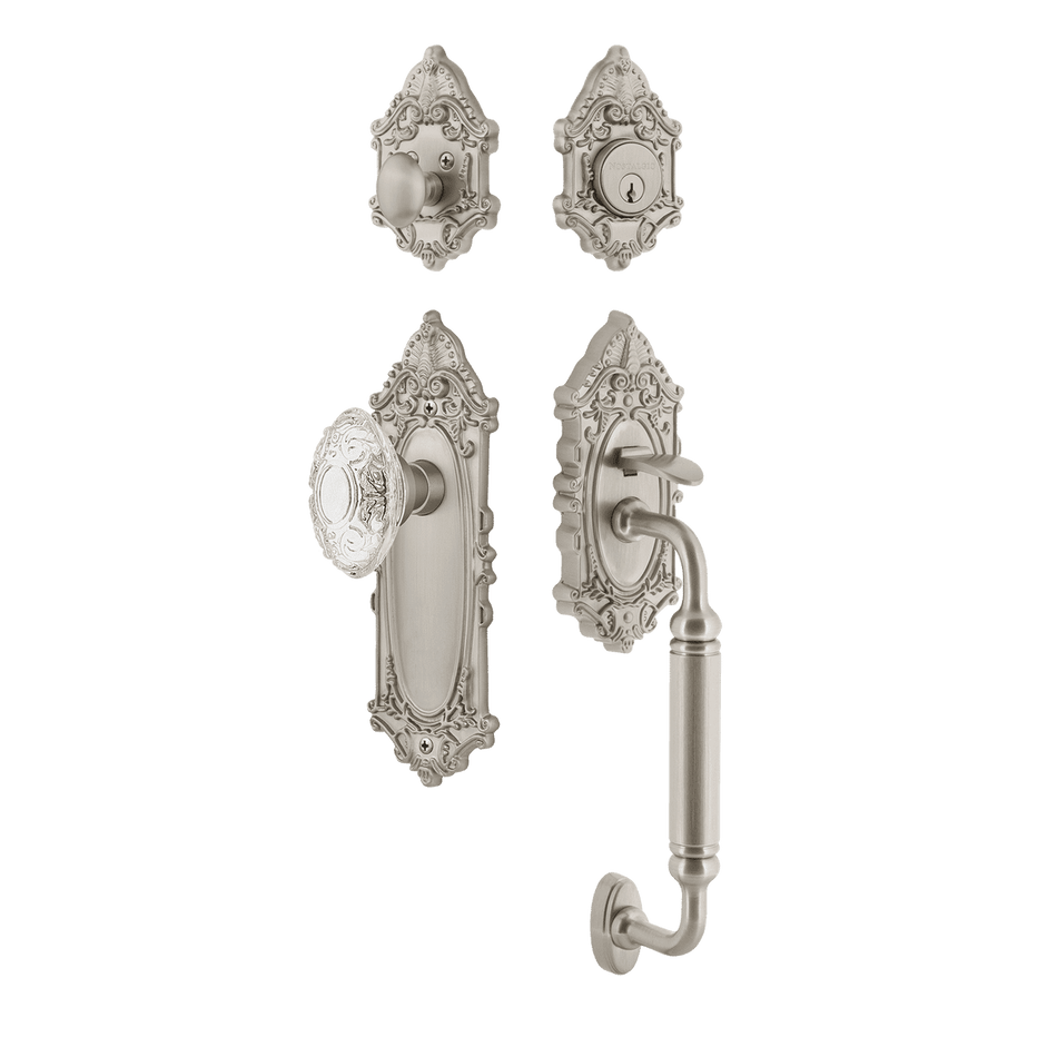 Nostalgic 756065: Entry Lockset w/Victorian Backplate, C-Grip Exterior Handle and Victorian Crystal Knob - Satin Nickel