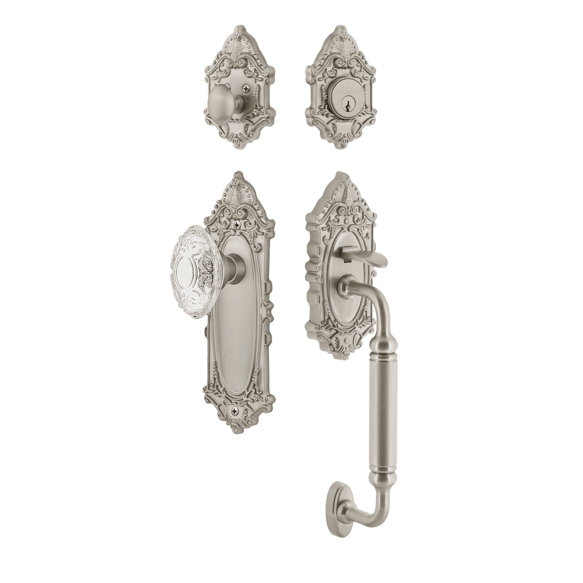 Nostalgic 756064: Entry Lockset w/Victorian Backplate, C-Grip Exterior Handle and Victorian Crystal Knob - Satin Nickel