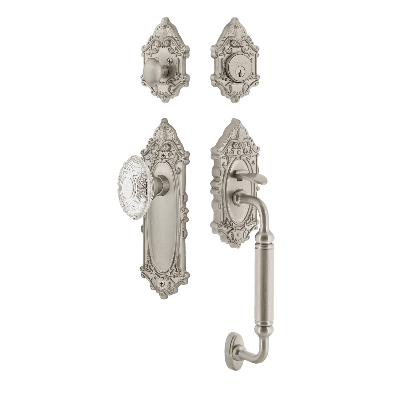 Nostalgic 756064: Entry Lockset w/Victorian Backplate, C-Grip Exterior Handle and Victorian Crystal Knob - Satin Nickel