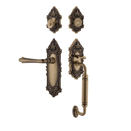 Nostalgic 769218: Entry Lockset w/Victorian Backplate, C-Grip Exterior Handle and Fleur Interior Lever - Antique Brass
