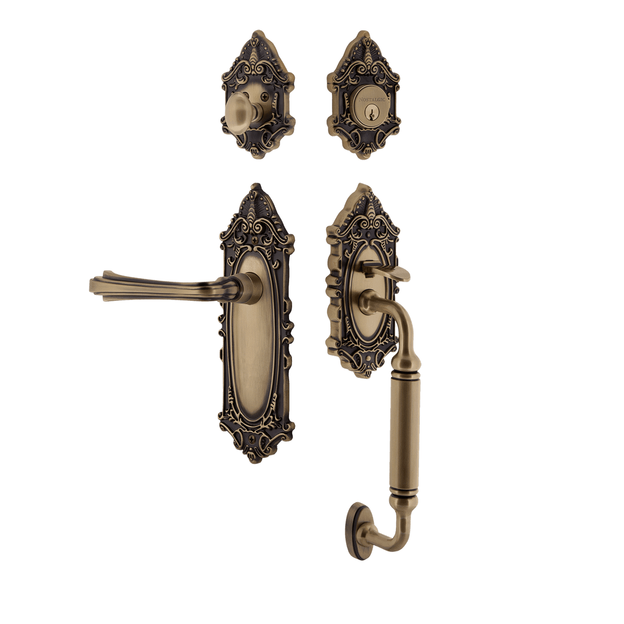 Nostalgic 771361: Entry Lockset w/Victorian Backplate, C-Grip Exterior Handle and Fleur Interior Lever - Antique Brass