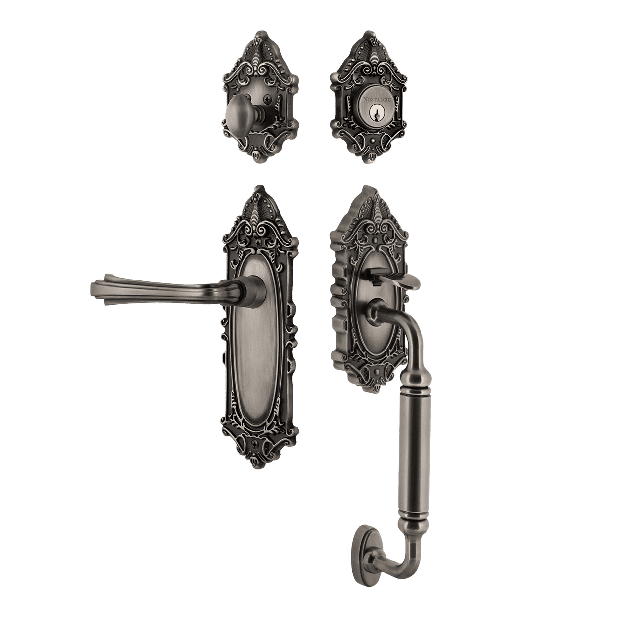 Nostalgic 771331: Entry Lockset w/Victorian Backplate, C-Grip Exterior Handle and Fleur Interior Lever - Antique Pewter