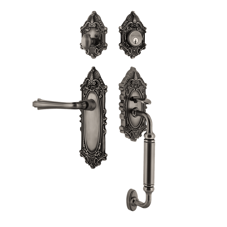 Nostalgic 769213: Entry Lockset w/Victorian Backplate, C-Grip Exterior Handle and Fleur Interior Lever - Antique Pewter