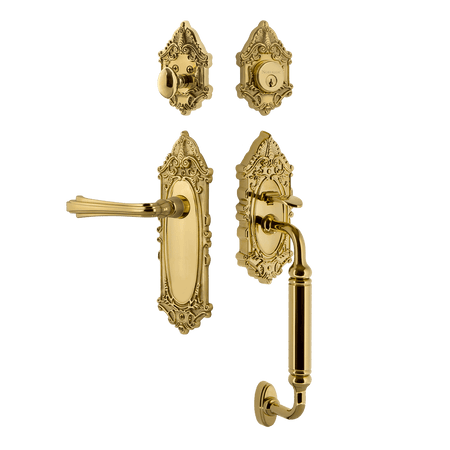 Nostalgic 771382: Entry Lockset w/Victorian Backplate, C-Grip Exterior Handle and Fleur Interior Lever - Polished Brass