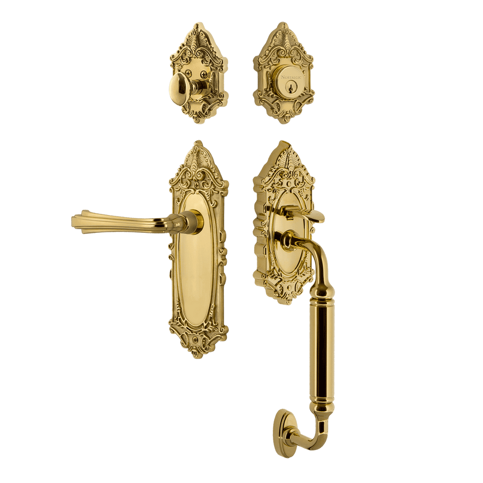 Nostalgic 771382: Entry Lockset w/Victorian Backplate, C-Grip Exterior Handle and Fleur Interior Lever - Polished Brass