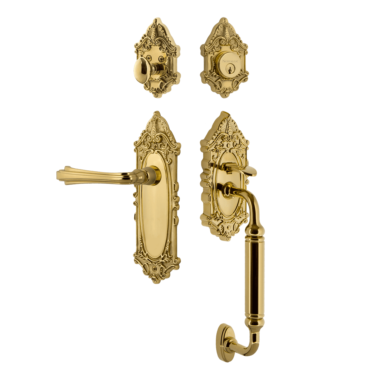Nostalgic 769214: Entry Lockset w/Victorian Backplate, C-Grip Exterior Handle and Fleur Interior Lever - Polished Brass