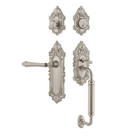 Nostalgic 769221: Entry Lockset w/Victorian Backplate, C-Grip Exterior Handle and Fleur Interior Lever - Satin Nickel