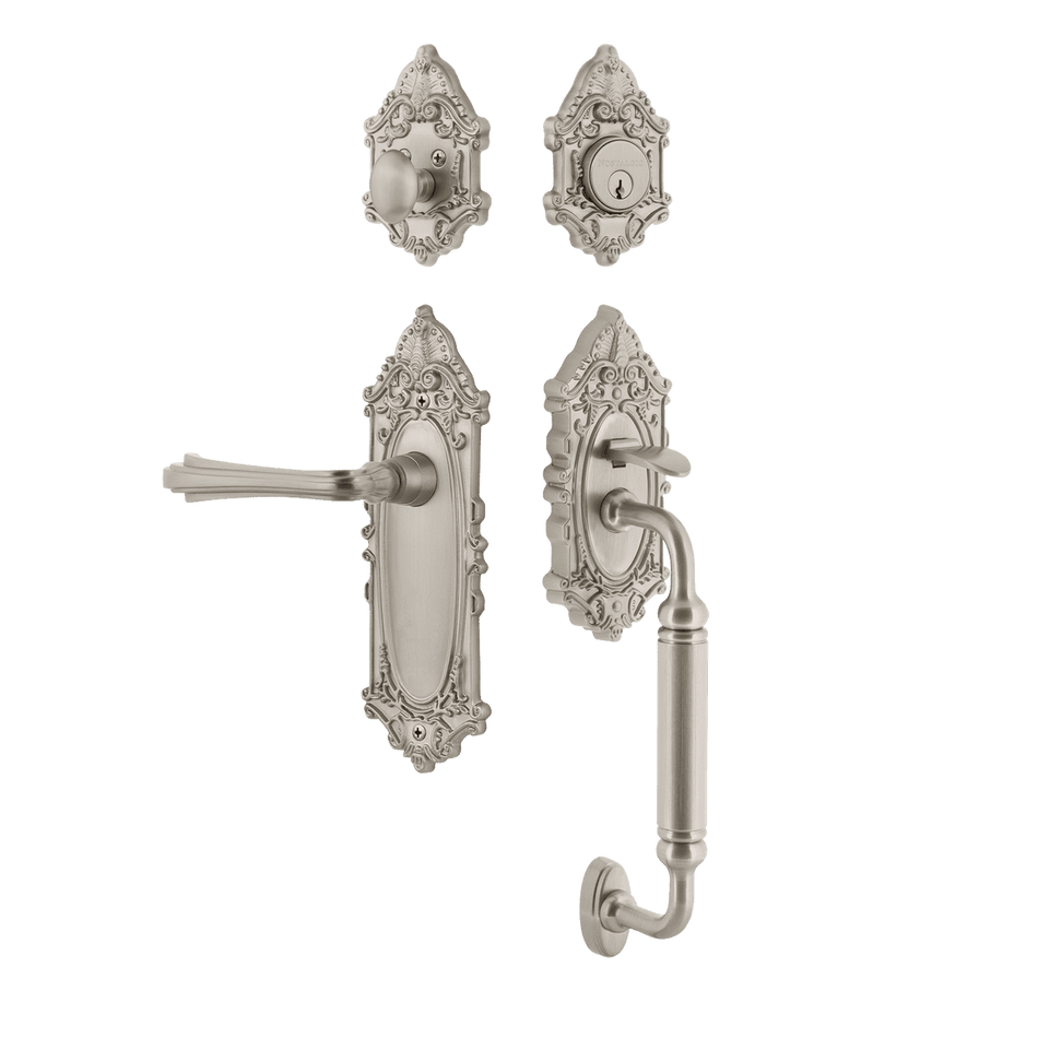Nostalgic 769221: Entry Lockset w/Victorian Backplate, C-Grip Exterior Handle and Fleur Interior Lever - Satin Nickel