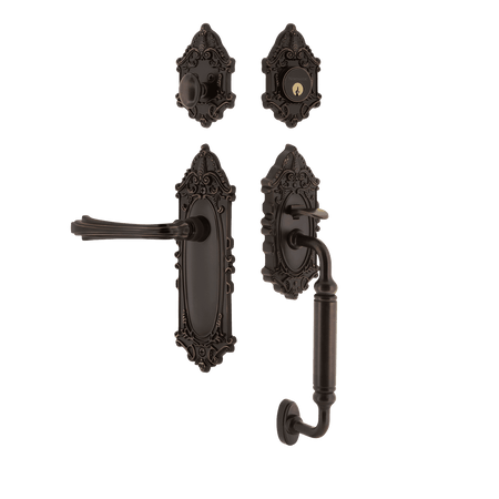 Nostalgic 769222: Entry Lockset w/Victorian Backplate, C-Grip Exterior Handle and Fleur Interior Lever - Timeless Bronze