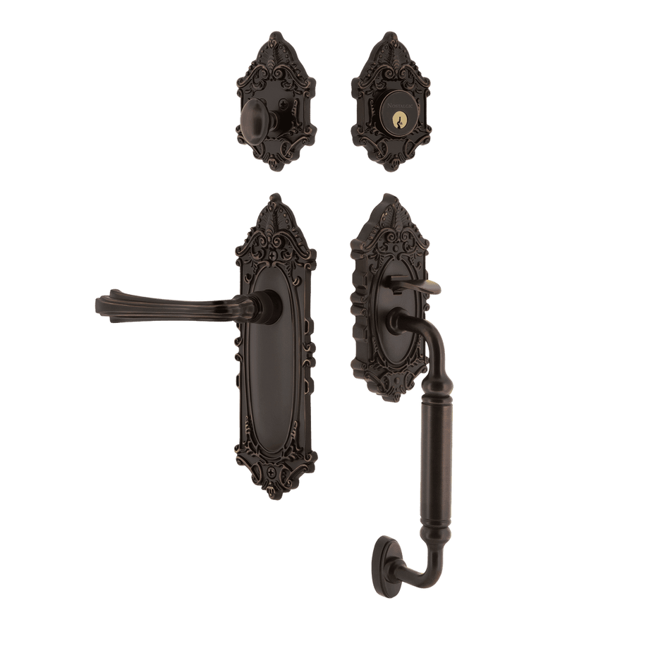 Nostalgic 769222: Entry Lockset w/Victorian Backplate, C-Grip Exterior Handle and Fleur Interior Lever - Timeless Bronze