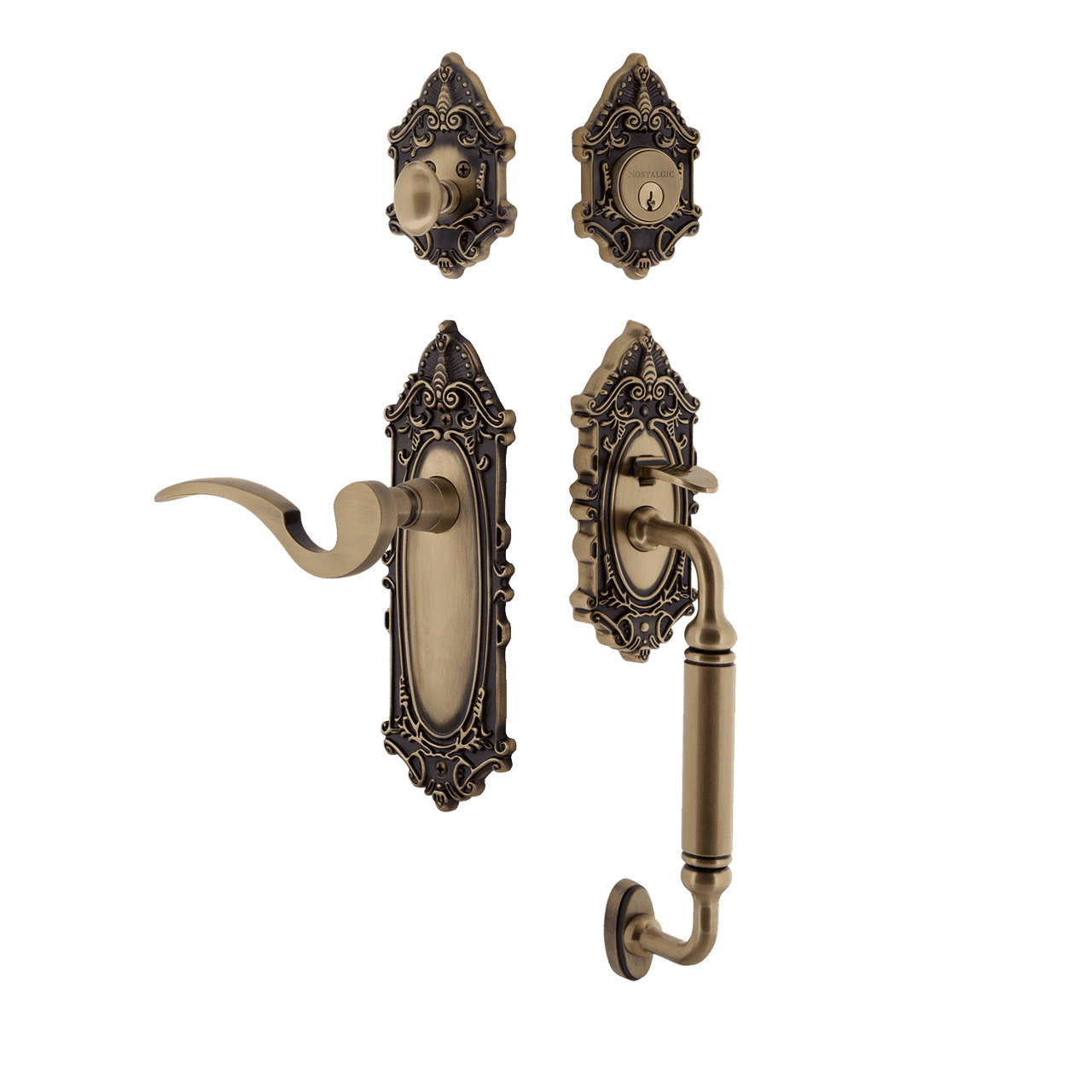 Nostalgic 767824: Entry Lockset w/Victorian Backplate, C-Grip Exterior Handle and Manor Interior Lever - Antique Brass