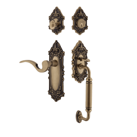 Nostalgic 767824: Entry Lockset w/Victorian Backplate, C-Grip Exterior Handle and Manor Interior Lever - Antique Brass