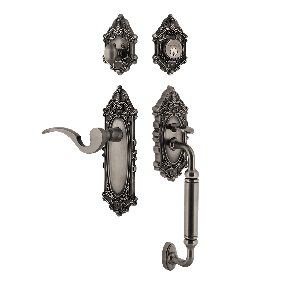 Nostalgic 771453: Entry Lockset w/Victorian Backplate, C-Grip Exterior Handle and Manor Interior Lever - Antique Pewter