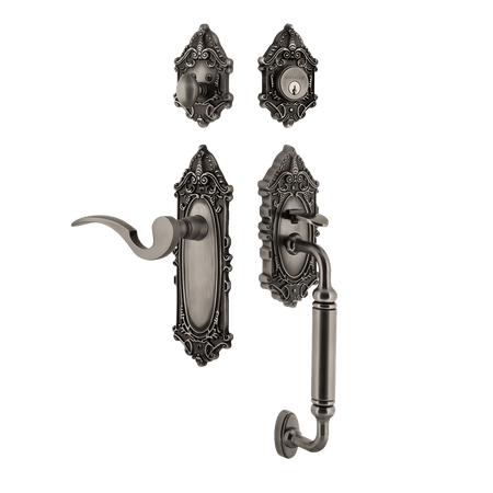 Nostalgic 771453: Entry Lockset w/Victorian Backplate, C-Grip Exterior Handle and Manor Interior Lever - Antique Pewter