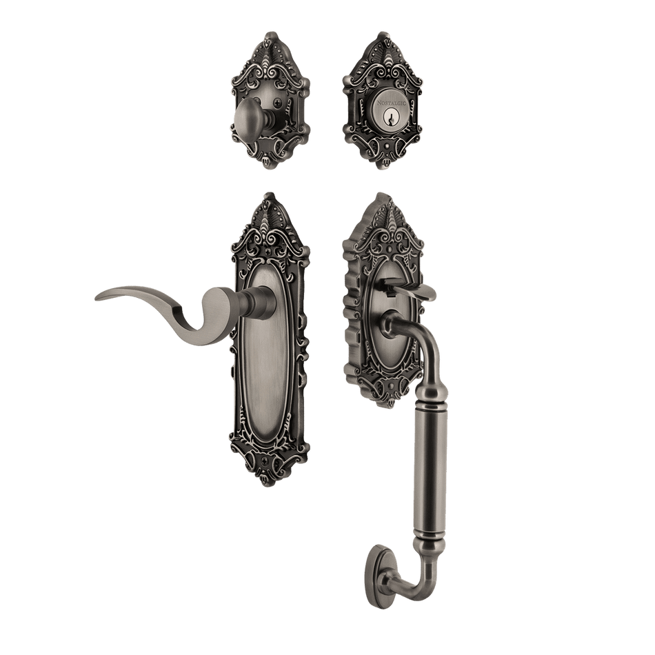 Nostalgic 767818: Entry Lockset w/Victorian Backplate, C-Grip Exterior Handle and Manor Interior Lever - Antique Pewter