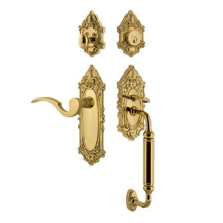 Nostalgic 767820: Entry Lockset w/Victorian Backplate, C-Grip Exterior Handle and Manor Interior Lever - Polished Brass