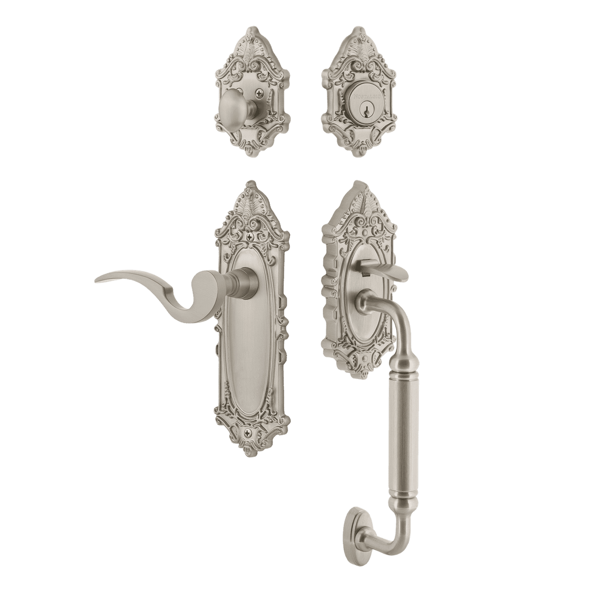 Nostalgic 771434: Entry Lockset w/Victorian Backplate, C-Grip Exterior Handle and Manor Interior Lever - Satin Nickel