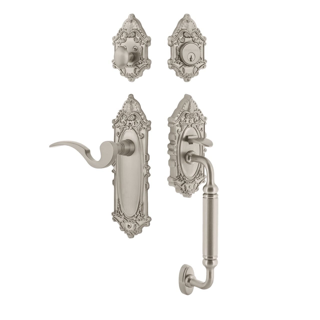 Nostalgic 771451: Entry Lockset w/Victorian Backplate, C-Grip Exterior Handle and Manor Interior Lever - Satin Nickel