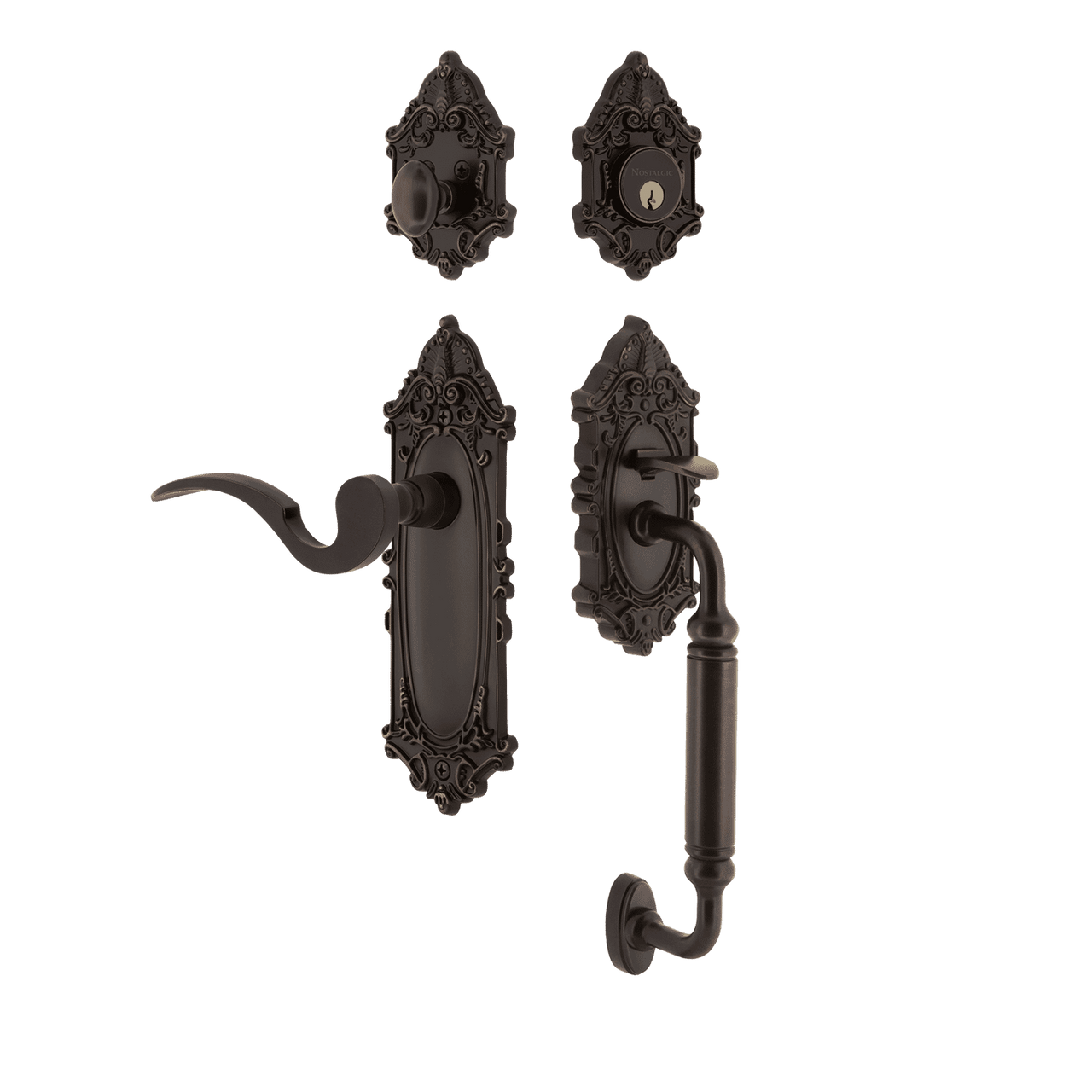 Nostalgic 771432: Entry Lockset w/Victorian Backplate, C-Grip Exterior Handle and Manor Interior Lever - Timeless Bronze