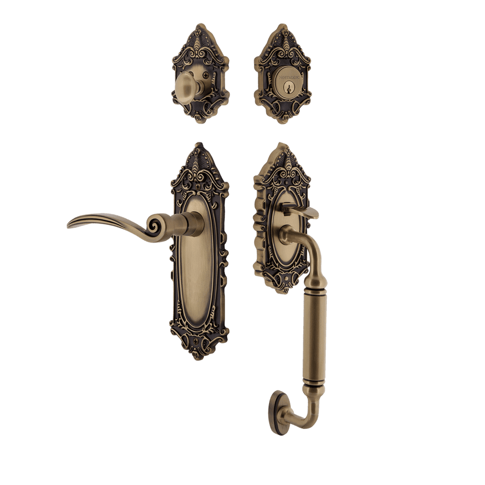 Nostalgic 768526: Entry Lockset w/Victorian Backplate, C-Grip Exterior Handle and Swan Interior Lever - Antique Brass