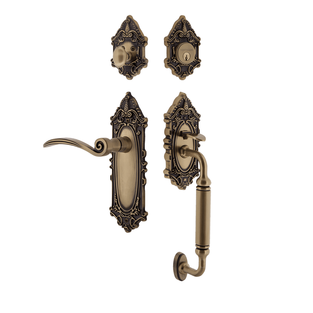 Nostalgic 771523: Entry Lockset w/Victorian Backplate, C-Grip Exterior Handle and Swan Interior Lever - Antique Brass