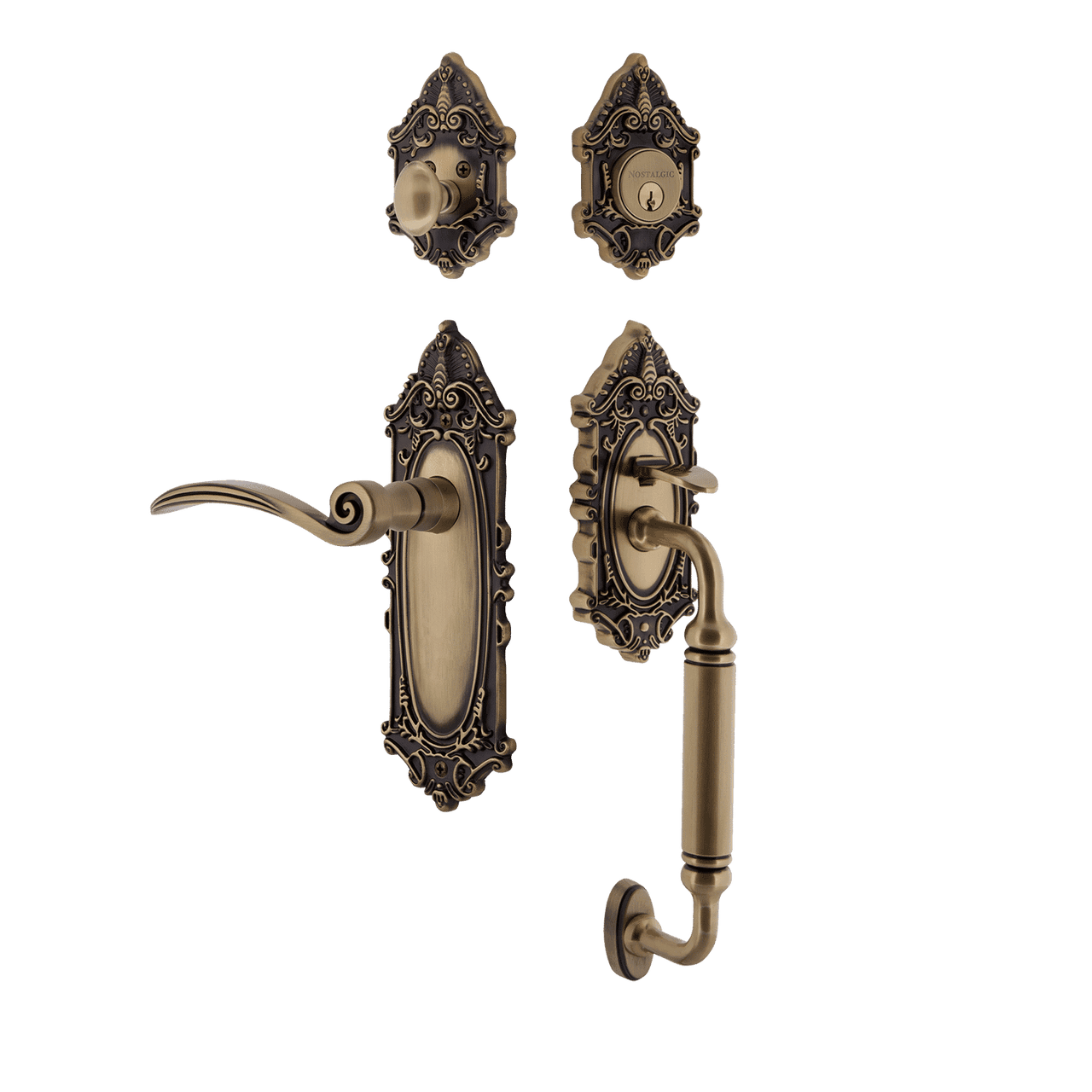 Nostalgic 771523: Entry Lockset w/Victorian Backplate, C-Grip Exterior Handle and Swan Interior Lever - Antique Brass