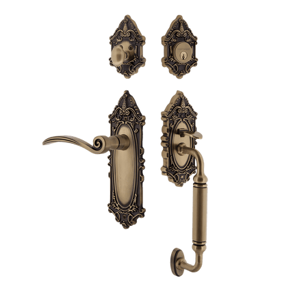 Nostalgic 771523: Entry Lockset w/Victorian Backplate, C-Grip Exterior Handle and Swan Interior Lever - Antique Brass