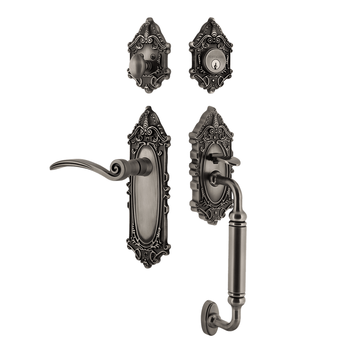Nostalgic 771488: Entry Lockset w/Victorian Backplate, C-Grip Exterior Handle and Swan Interior Lever - Antique Pewter