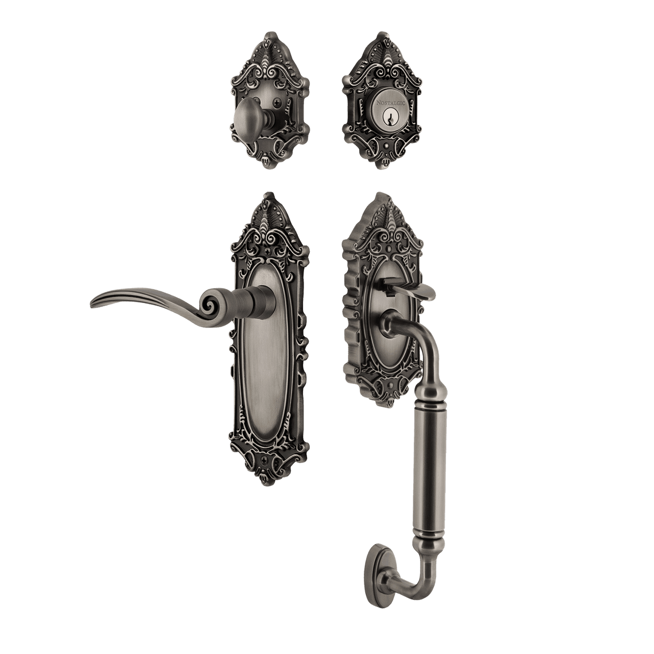 Nostalgic 771488: Entry Lockset w/Victorian Backplate, C-Grip Exterior Handle and Swan Interior Lever - Antique Pewter