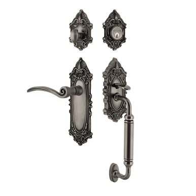 Nostalgic 768516: Entry Lockset w/Victorian Backplate, C-Grip Exterior Handle and Swan Interior Lever - Antique Pewter