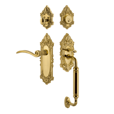 Nostalgic 771492: Entry Lockset w/Victorian Backplate, C-Grip Exterior Handle and Swan Interior Lever - Polished Brass