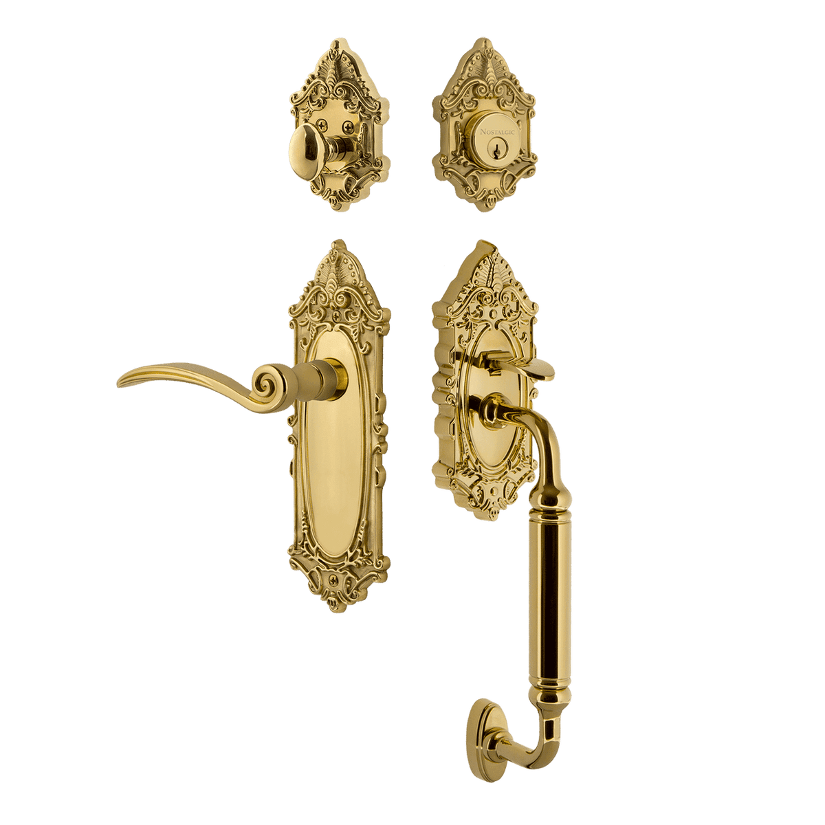 Nostalgic 768517: Entry Lockset w/Victorian Backplate, C-Grip Exterior Handle and Swan Interior Lever - Polished Brass