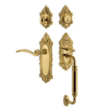 Nostalgic 768517: Entry Lockset w/Victorian Backplate, C-Grip Exterior Handle and Swan Interior Lever - Polished Brass