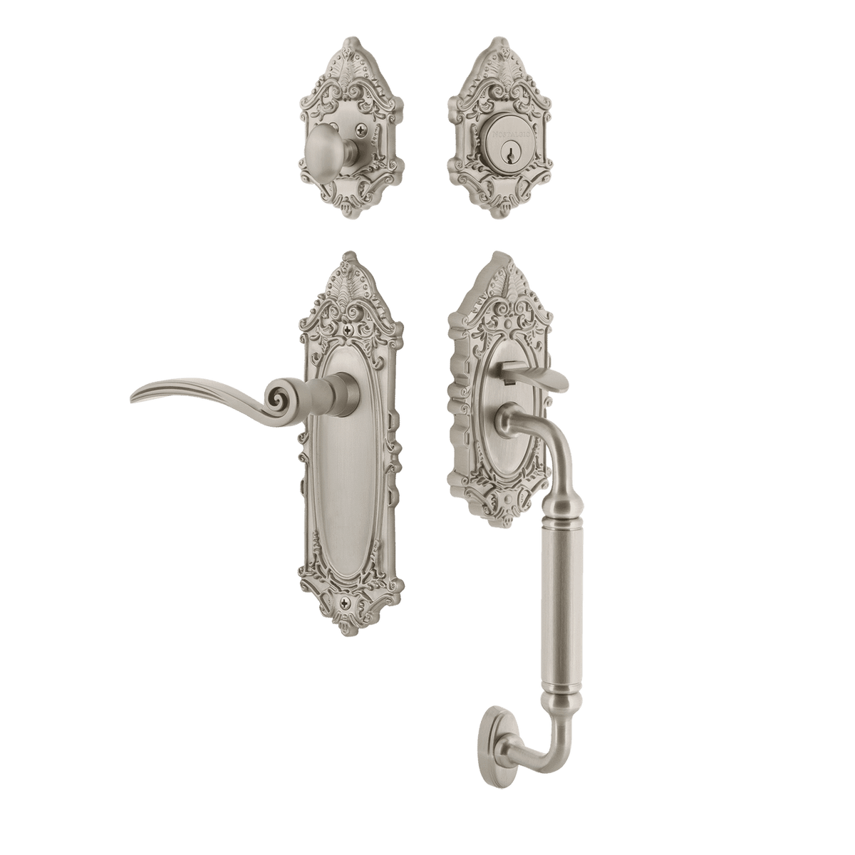 Nostalgic 771526: Entry Lockset w/Victorian Backplate, C-Grip Exterior Handle and Swan Interior Lever - Satin Nickel