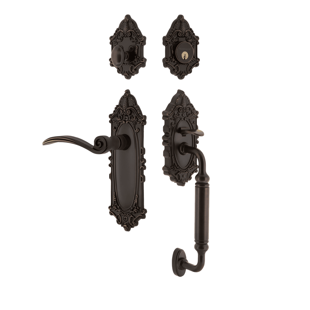 Nostalgic 771531: Entry Lockset w/Victorian Backplate, C-Grip Exterior Handle and Swan Interior Lever - Timeless Bronze
