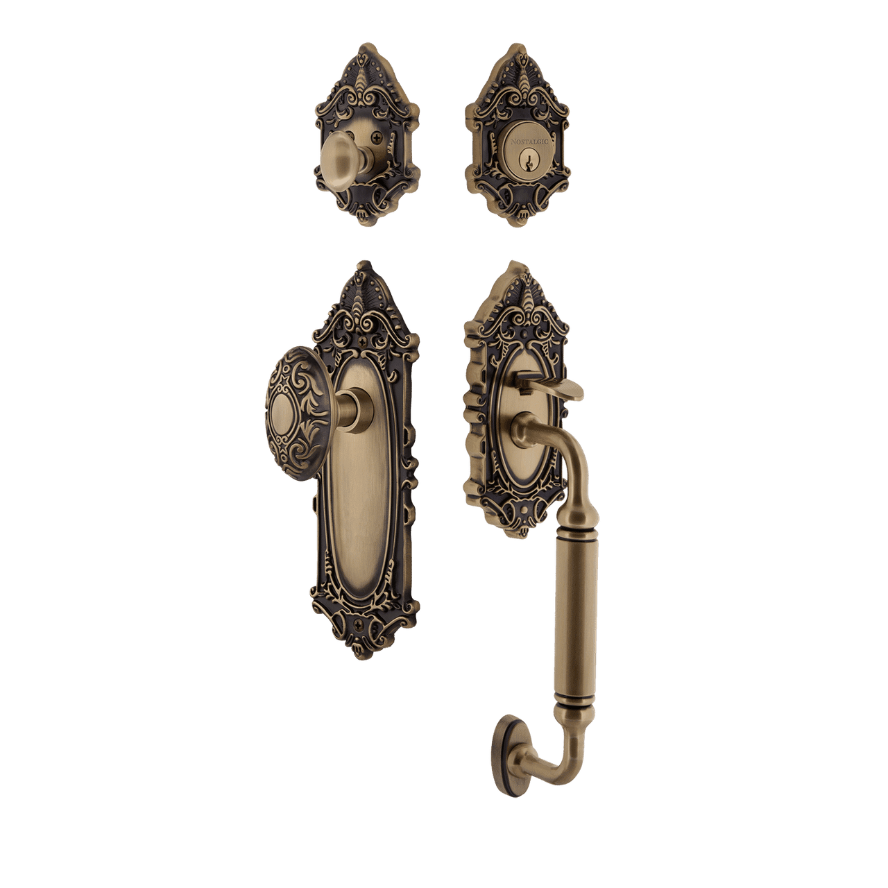 Nostalgic 727666: Entry Lockset w/Victorian Backplate, C-Grip Exterior Handle and Victorian Knob - Antique Brass