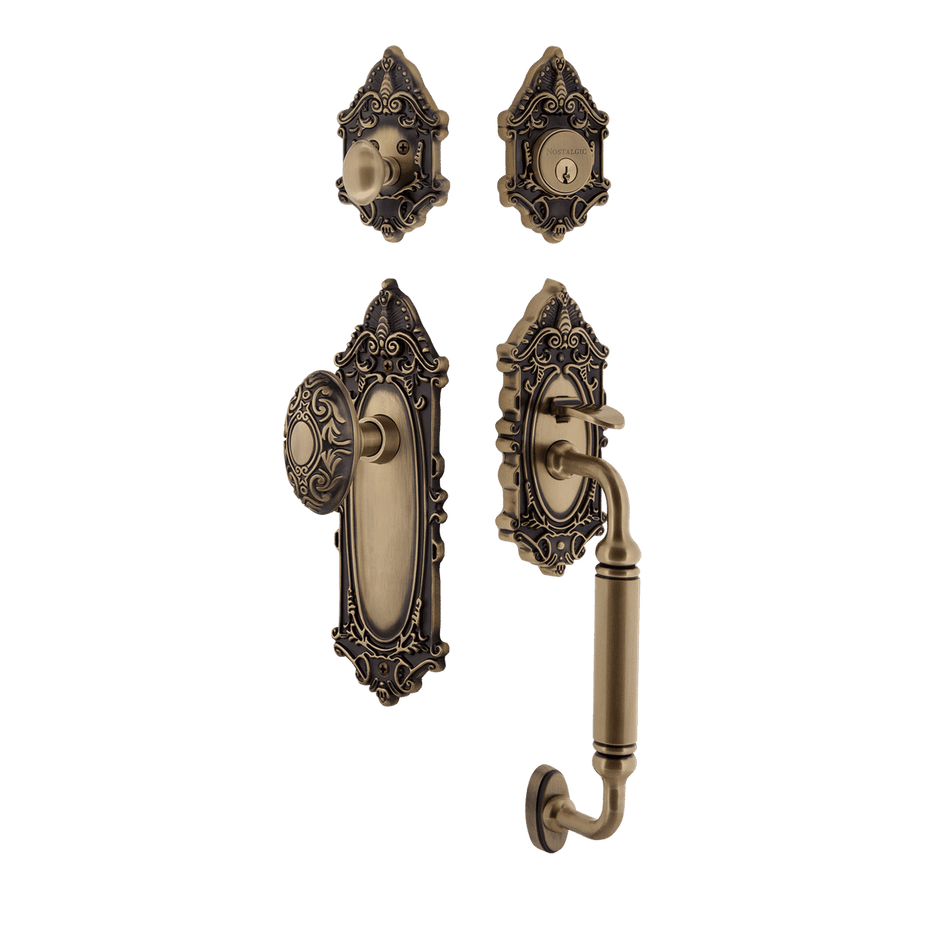 Nostalgic 719442: Entry Lockset w/Victorian Backplate, C-Grip Exterior Handle and Victorian Knob - Antique Brass