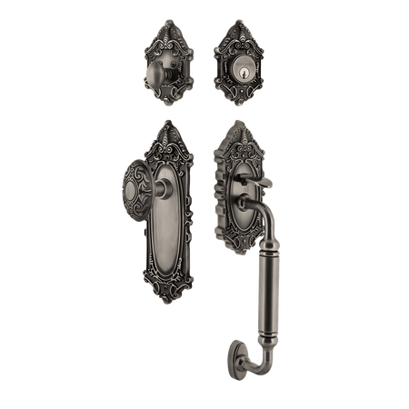 Nostalgic 719450: Entry Lockset w/Victorian Backplate, C-Grip Exterior Handle and Victorian Knob - Antique Pewter