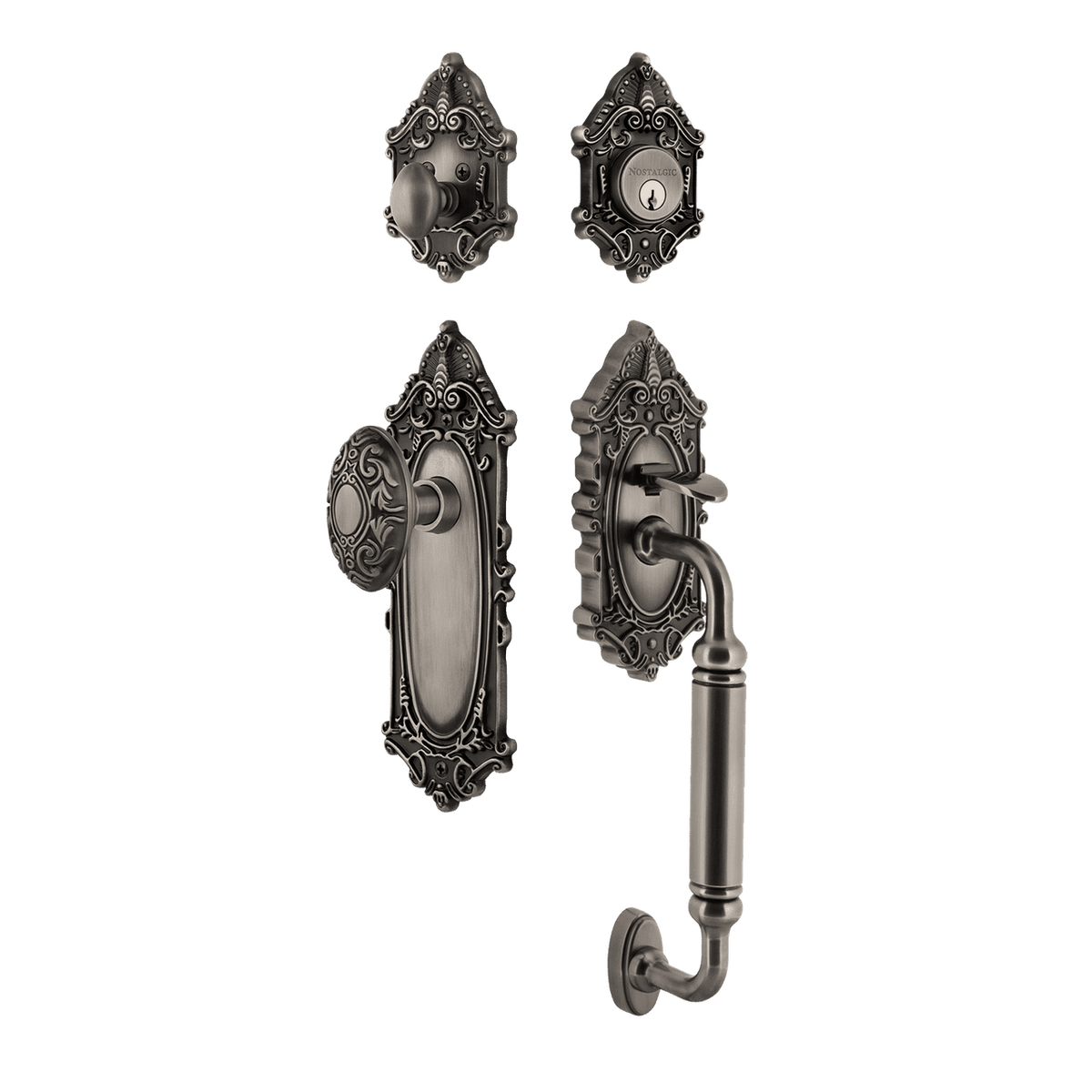 Nostalgic 719466: Entry Lockset w/Victorian Backplate, C-Grip Exterior Handle and Victorian Knob - Antique Pewter