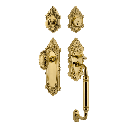 Nostalgic 727805: Entry Lockset w/Victorian Backplate, C-Grip Exterior Handle and Victorian Knob - Polished Brass