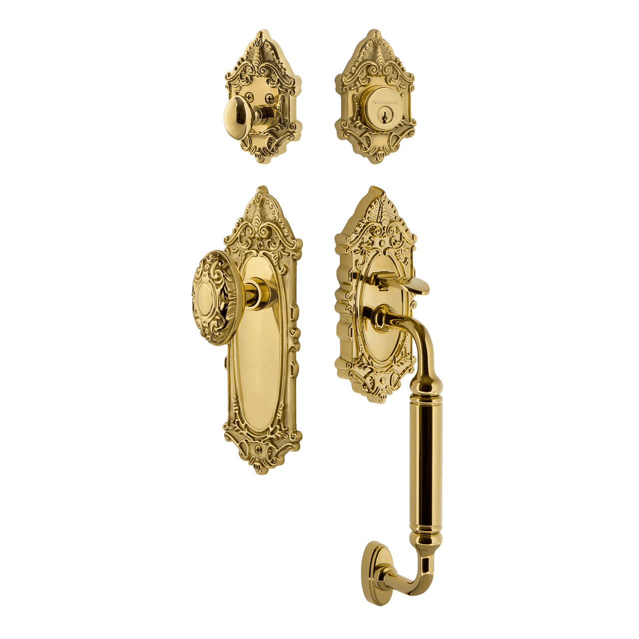 Nostalgic 727927: Entry Lockset w/Victorian Backplate, C-Grip Exterior Handle and Victorian Knob - Polished Brass