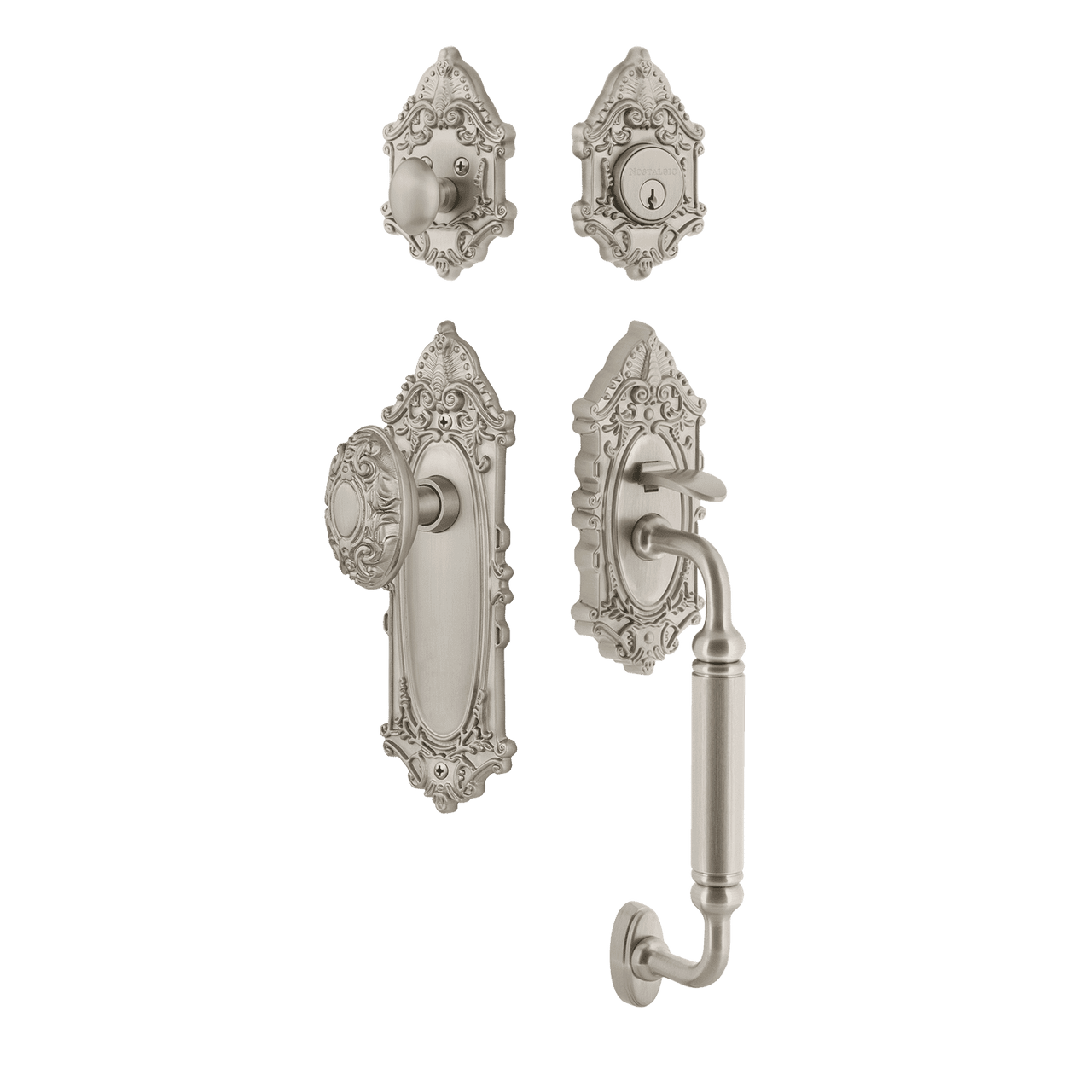 Nostalgic 719561: Entry Lockset w/Victorian Backplate, C-Grip Exterior Handle and Victorian Knob - Satin Nickel