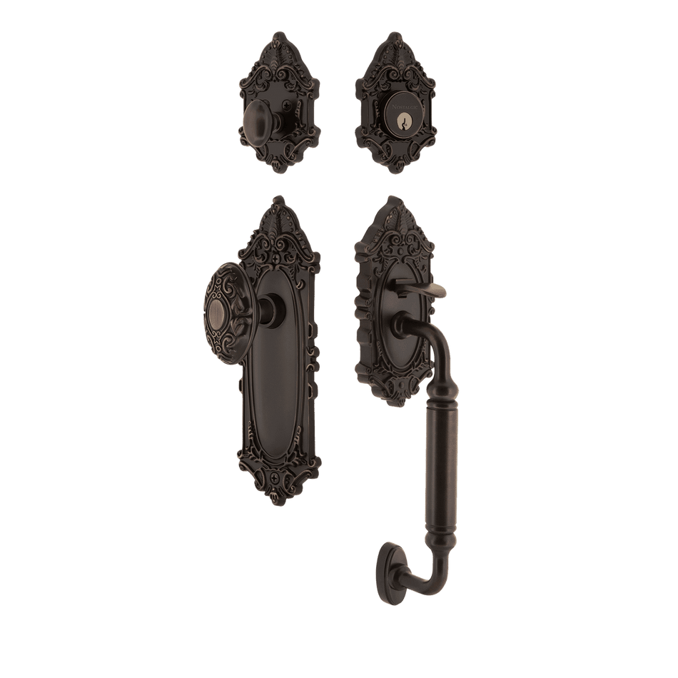 Nostalgic 719391: Entry Lockset w/Victorian Backplate, C-Grip Exterior Handle and Victorian Knob - Timeless Bronze