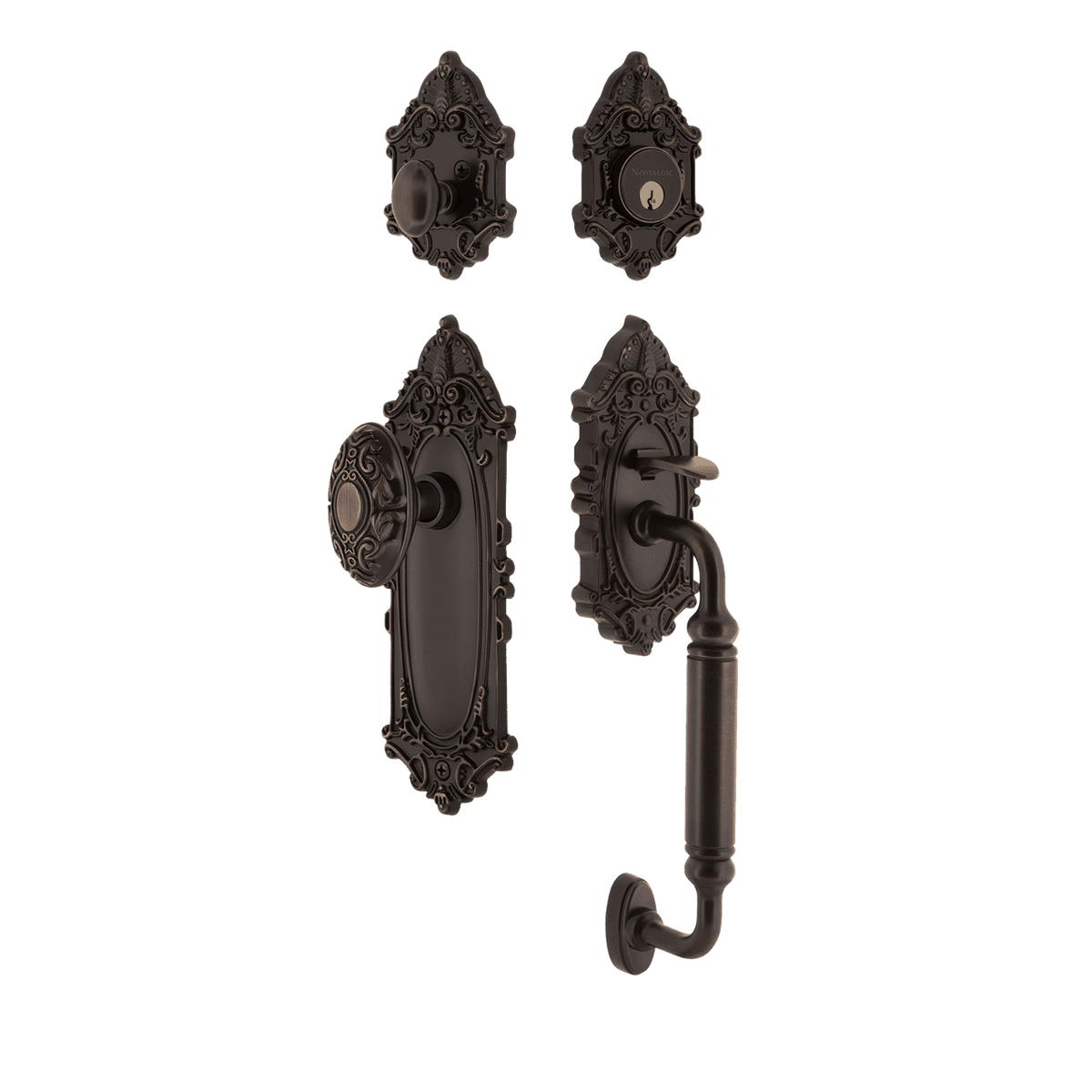 Nostalgic 727734: Entry Lockset w/Victorian Backplate, C-Grip Exterior Handle and Victorian Knob - Timeless Bronze