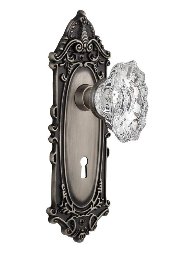 Nostalgic 713998: Victorian Backplate w/Chateau Knob Privacy Door Set - Antique Pewter