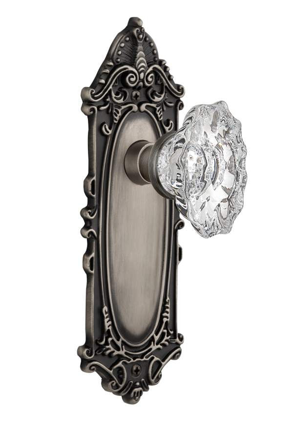 Nostalgic 713958: Victorian Backplate w/Chateau Knob Privacy Door Set - Antique Pewter