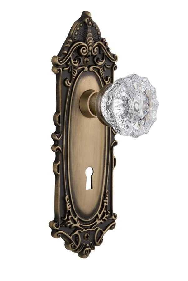 Nostalgic 702081: Victorian Backplate w/Clear Crystal Glass Knob Single Dummy Door Set - Antique Brass