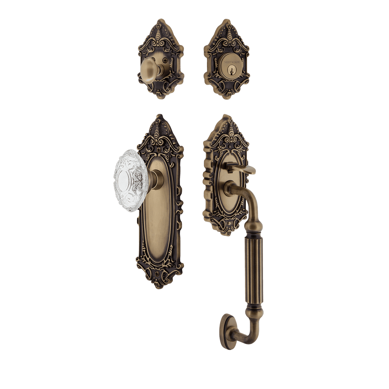 Nostalgic 756032: Entry Lockset w/Victorian Backplate, F-Grip Exterior Handle and Victorian Crystal Knob - Antique Brass